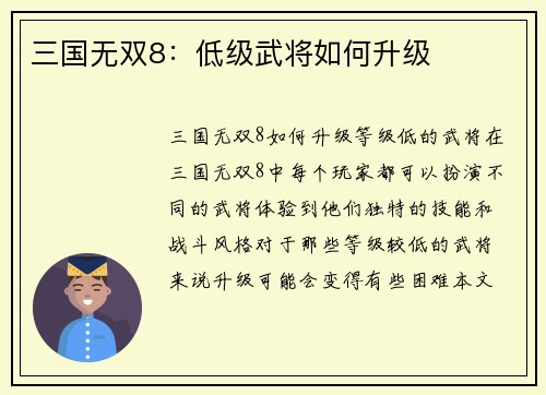 三国无双8：低级武将如何升级